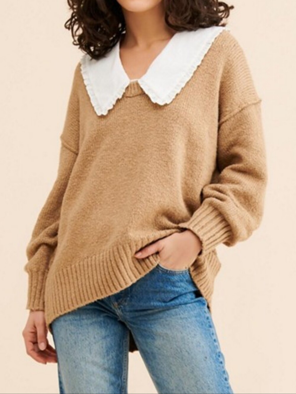 Free People Women's Brookside Tunic Sweater in Neutral Tan OverSize XS